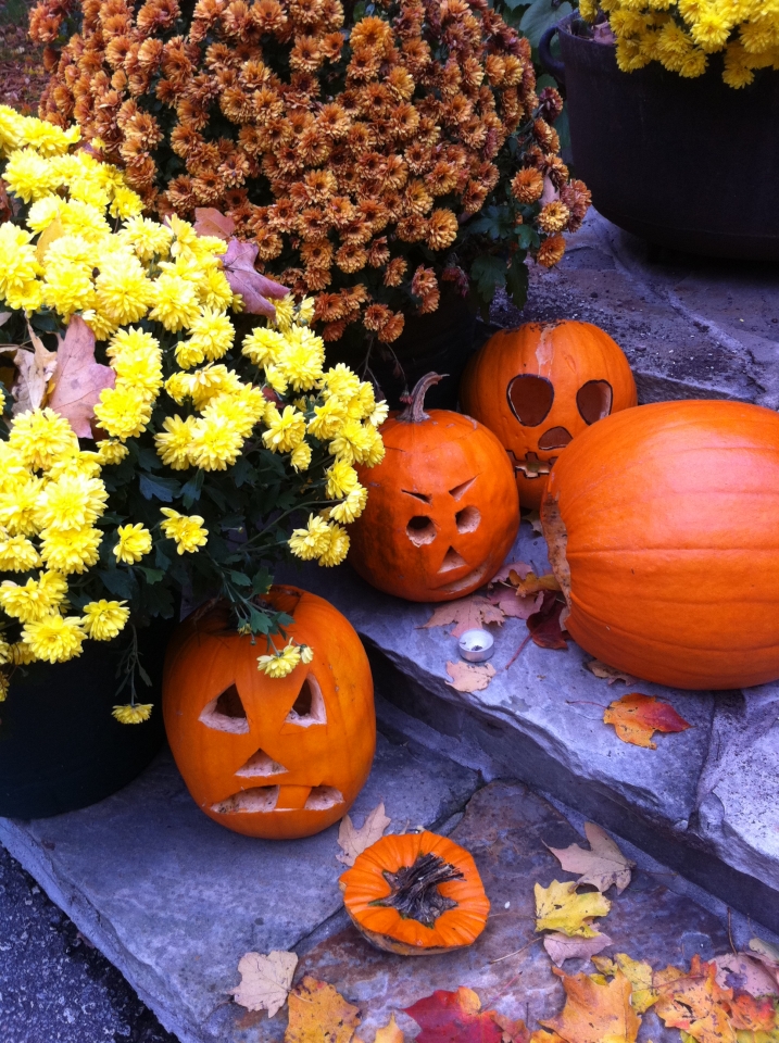 pumpkins and flowers on porch steps